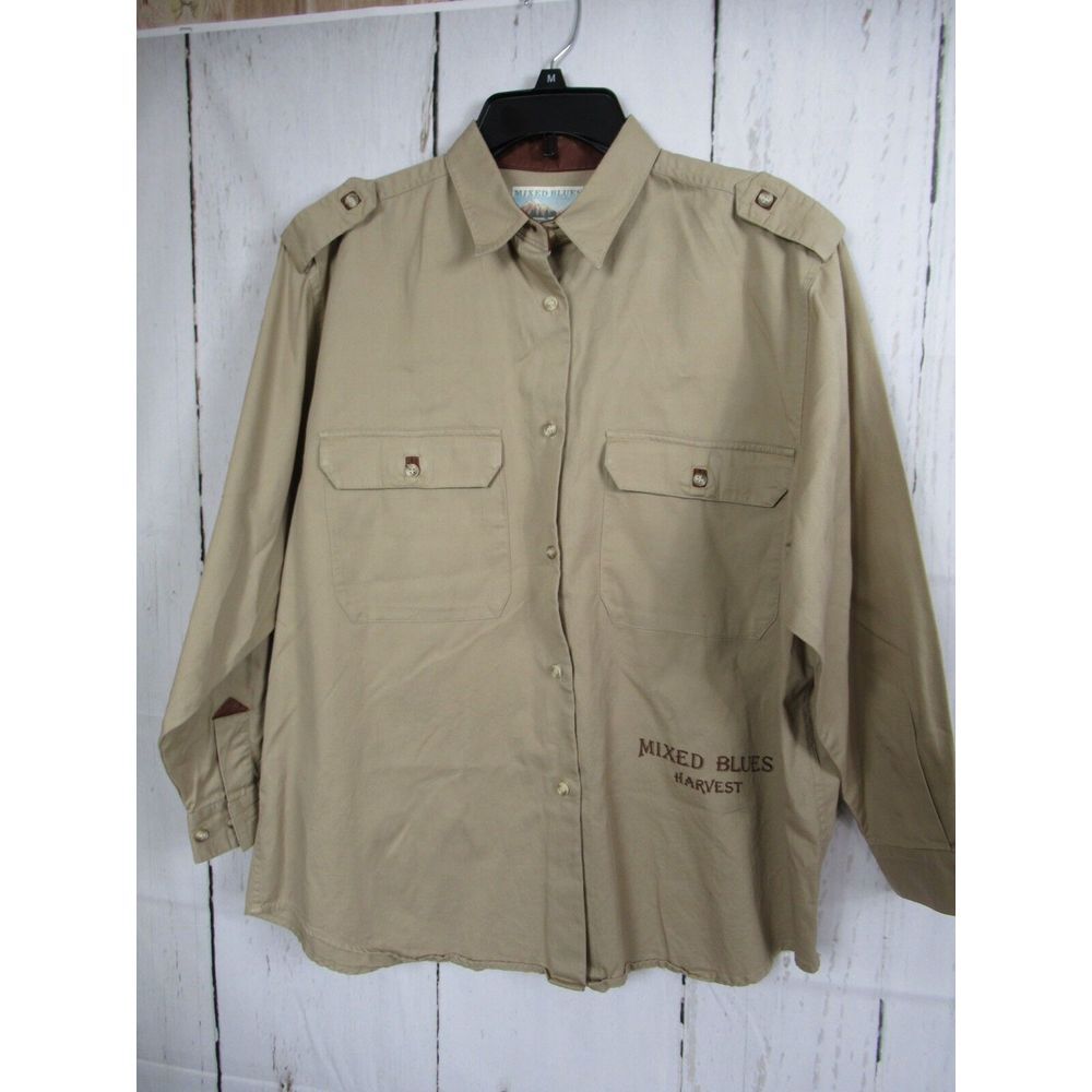 Vintage Mixed Blues Womens Button Down Shirt‎ Harvest Size Large Tan